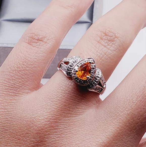 14k Solid White Gold Pear Shaped Orange Spessartite Garnet & Diamond Halo Ring - Picture 3 of 9